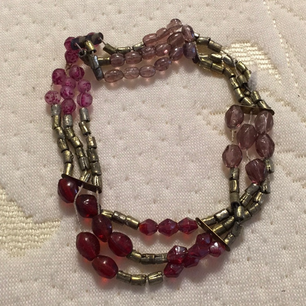 Multiple Strand Stretch Bracelet, Reds, lilac, magenta ,antique gold beads.